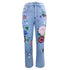 Lady Casual Straight Pants Ripped Jeans Printing Denim Pants